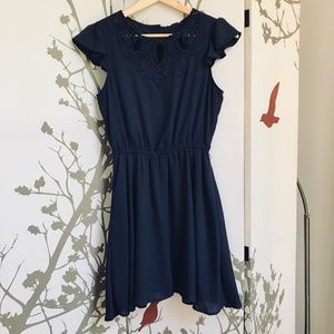 Navy Blue Crochet Neckline Flutter Sleeve Flare A Line Swing Dress